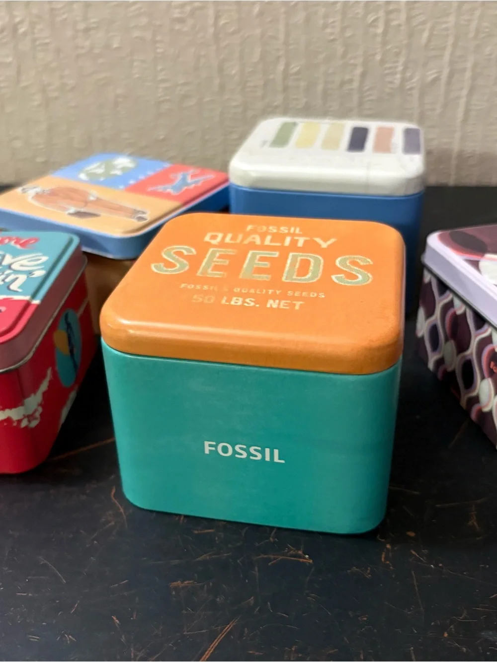 Fossil Orange and Blue Decorative Tin Set – Retro Seed Canister